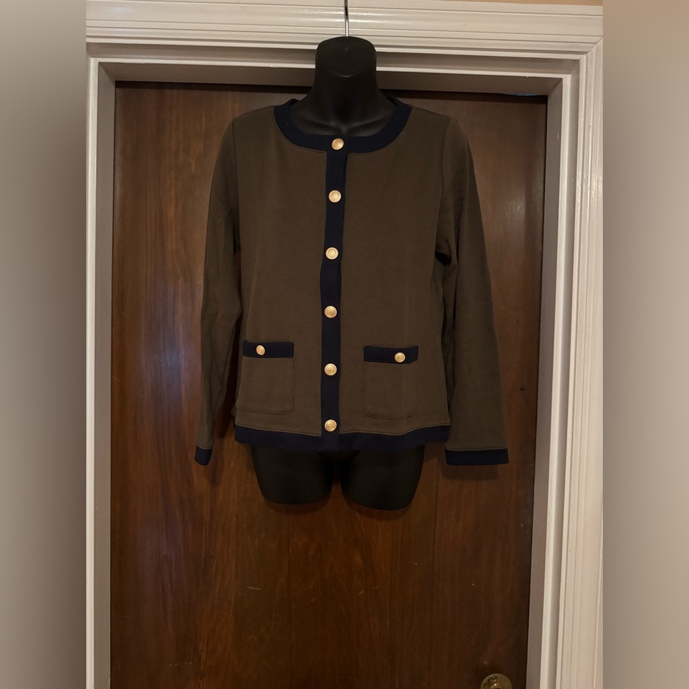 Talbots Olive Green and Navy Sweater with Gold Buttons - Size MP